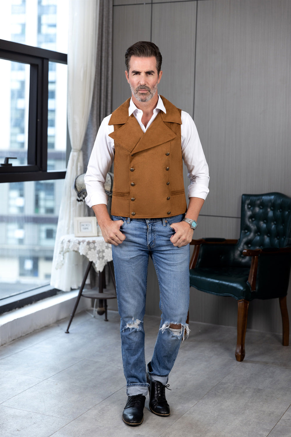 Casual Mens Double Breasted Suede Large Lapel Waistcoat mens event wear