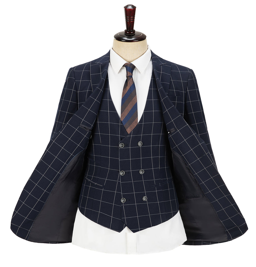 Formal Mens Suit 3 Pieces Business Plaid Solid Peak Lapel Tuxedos (Blazer+Vest+Pants) Adam Reed