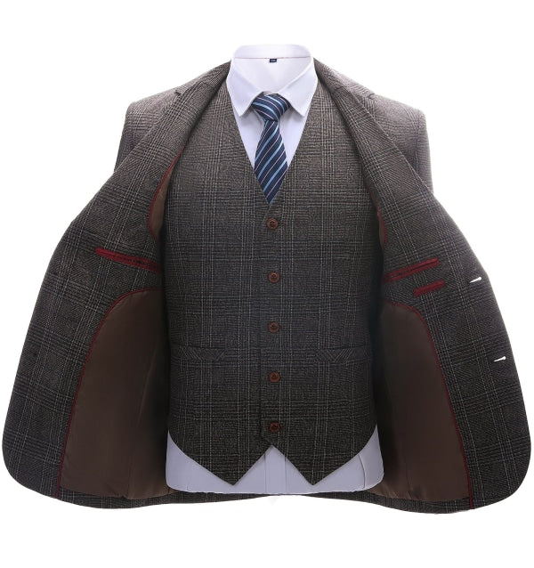 Men's Business 3 Pieces Formal Dark Coffee Tweed Notch Lapel Suit (Blazer+vest+Pants) Adam Reed