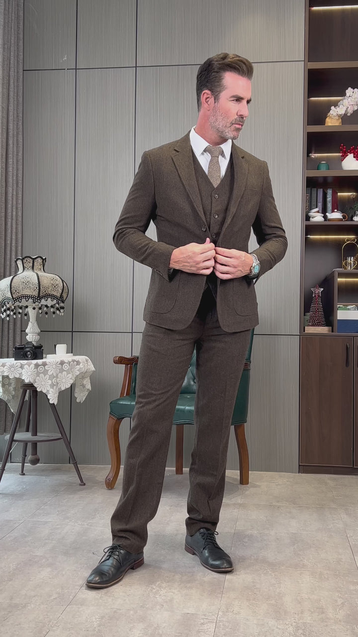 Men's Casual 3 Pieces Mens Suit Classic Tweed Notch Lapel Tuxedos (Blazer+vest+Pants)