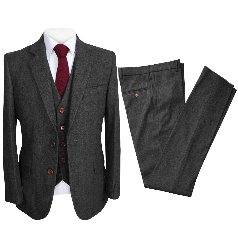 Vintage Classical 3 Pieces Mens Suit Herringbone Tweed Notch Lapel Tuxedos (Blazer+vest+Pants) mens event wear