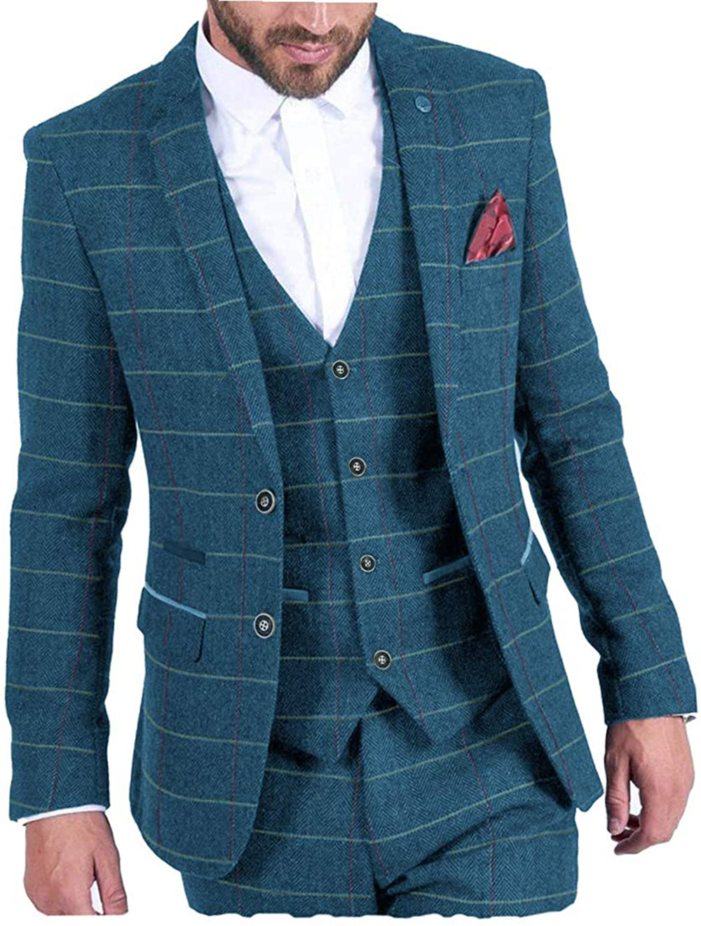 Vintage Classical Men's 3 Pieces Mens Herringbone Plaid Notch Lapel Suit (Blazer+vest+Pants) mens event wear