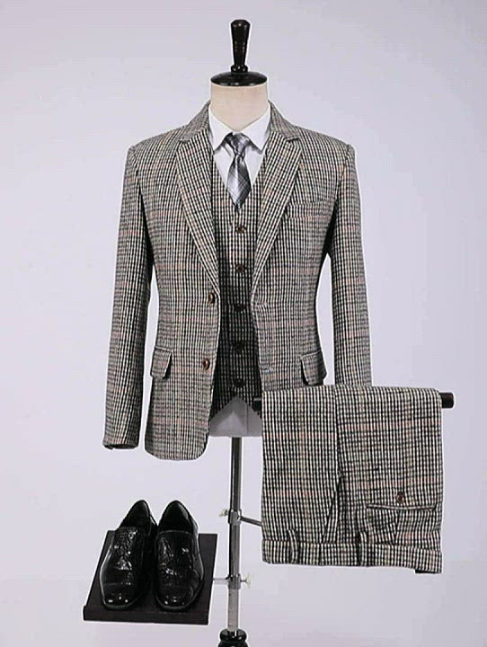 Business pour hommes 3 pièces formel kaki plaid tweed notch revers (blazer + gilet + pantalon)