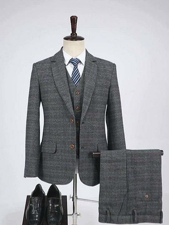 Business da uomo 3 pezzi formali grigio scuro Tweed tacca tweed tacca (blazer+gilet+pantaloni)