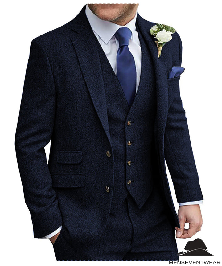 Classic 3 Pieces Mens Suit Herringbone Tweed Notch Lapel Tuxedos for Wedding (Blazer+vest+Pants) mens event wear