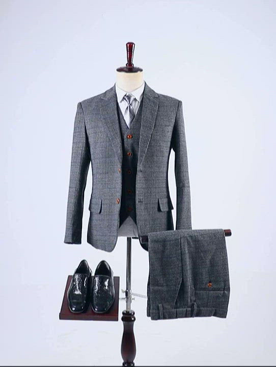 Negocio para hombres 3 piezas Traje formal de solapa de muesca de tweed gris oscuro (blazer+chaleco+pantalones)