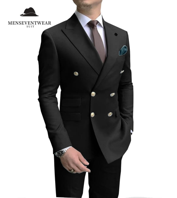 Formal 2 Pieces Mens Suit Double Breasted Flat Peak Lapel Tuxedos (Blazer+Pants) mens event wear