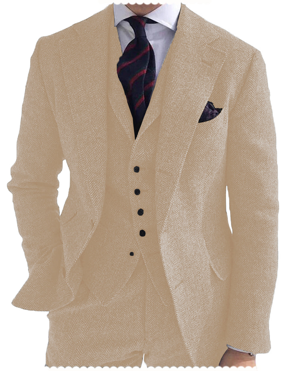 Formal 3 Piece Mens Suit Herringbone Notch Lapel Blazer (Blazer Vest+Pants) mens event wear