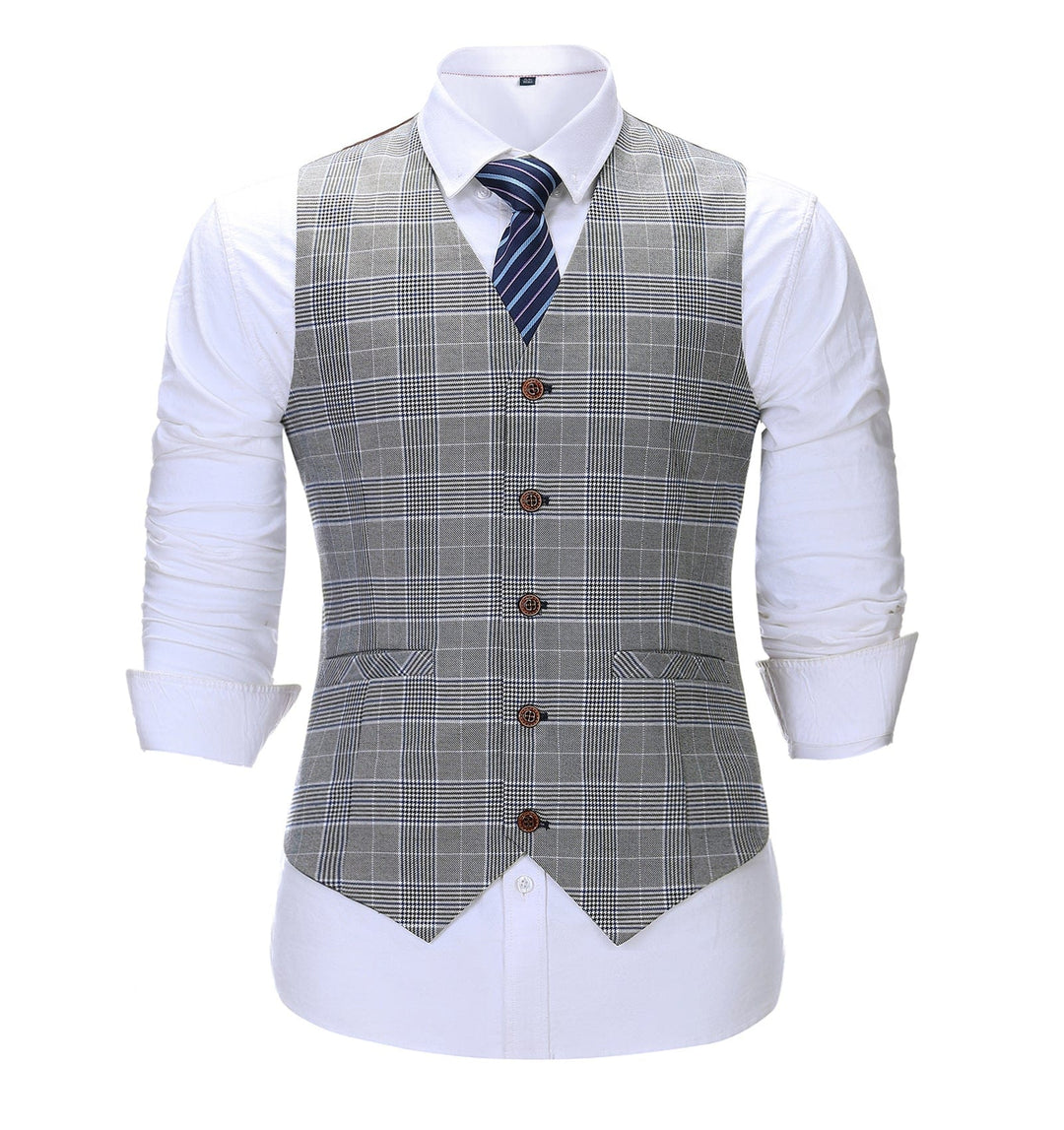 Formal Men's Suit Vest Plaid V Neck Grey Waistcoat mens event wear