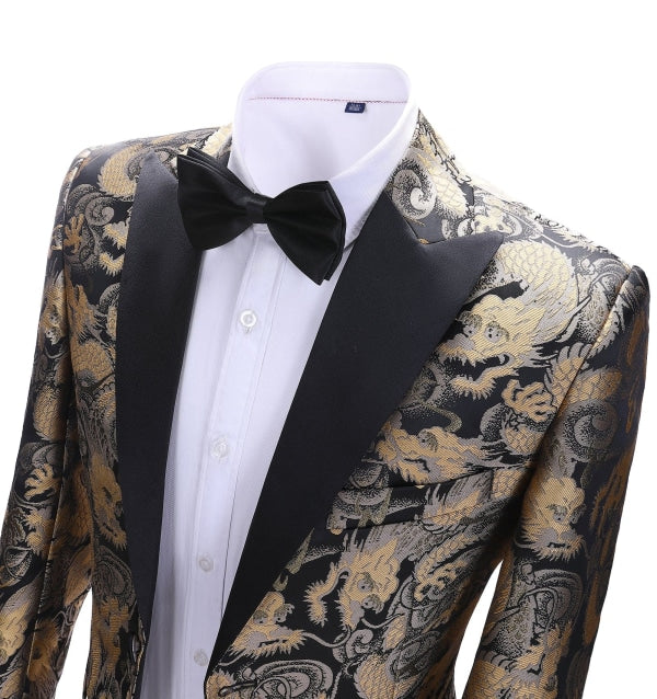 Men's Casual Chinese Dragon Patterned Peak Lapel Blazer mens event wear