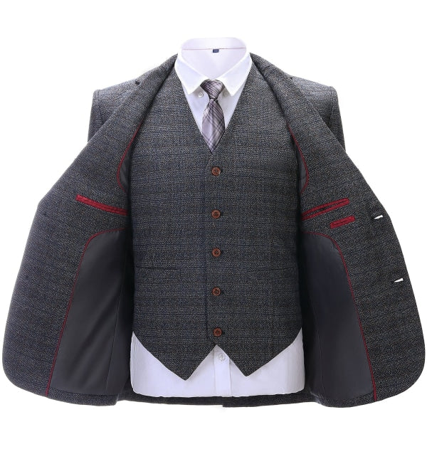 Men's Formal 3 Pieces Business Dark Grey Tweed Notch Lapel Suit (Blazer+vest+Pants) Adam Reed