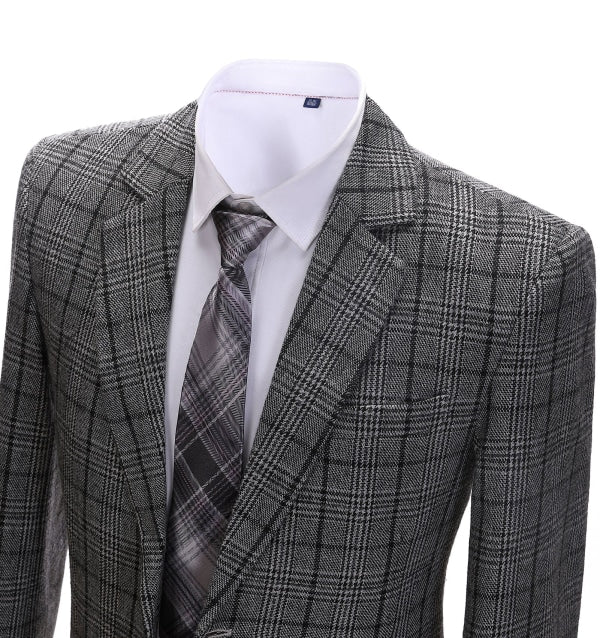 Men's Formal Business Dark Grey Plaid Notch Lapel Blazer mens event wear