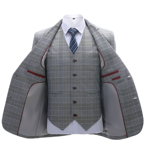 Mens Business 3 Pieces Suit Formal Grey Plaid Notch Lapel Suit (Blazer+Vest+Pants) Adam Reed